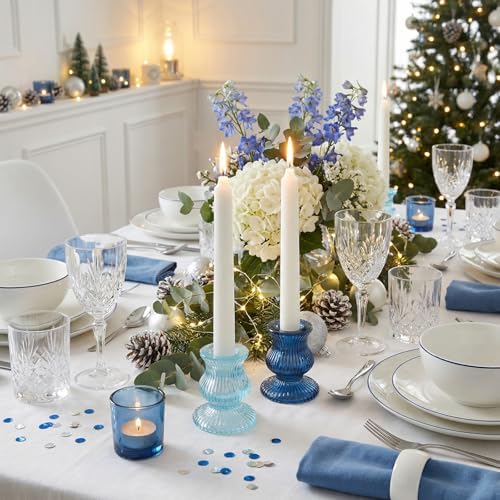 Blue Candlestick Holders 12 Pcs, Ribbed Taper Candle Holders for Table Centerpieces, Vintage Glass Candle Holders Bulk for Wedding, Birthday, Baby Shower Decoration - Image 6