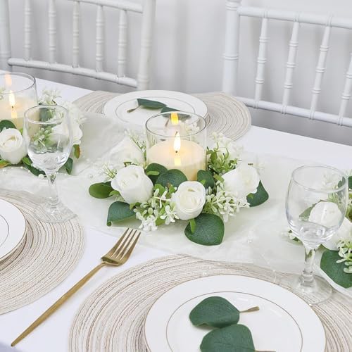 White Rose Candle Rings with Flameless Candles Sets - 24PCS Artificial Flower Eucalyptus Wedding Centerpiece 3 Inch Pillar Candleholders Wreaths for Wedding Party Decor (White - 12 Sets) - Image 6