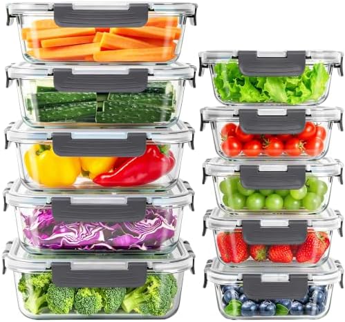 Glass Meal Prep Containers, 10 Pack Glass Food Storage Containers with Lids by HKJ+Chef