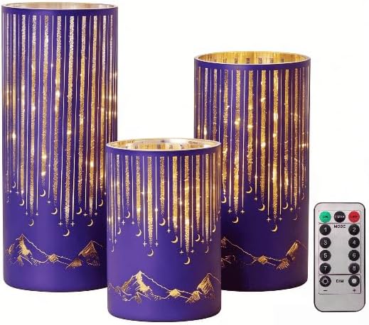 Purple Illuminated Starry Night Hurricanes with Remote Timer, Flickering LED Candle Holder for Halloween Mantel Decor, Party, Lavender Weddings, Memorials and Purple Events, Set of 3 by Ashroder