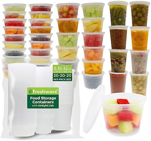 Freshware Food Storage Containers with Lids [8/16/32 oz x 20 each, 60 sets] Deli Containers, Microwave and Freezer Safe, Stackable, Leakproof, BPA Free, Clear by Freshware