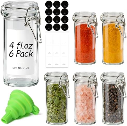 ComSaf Small Glass Spice Jars with Airtight Lids 4 oz 6 Pack with Labels by ComSaf