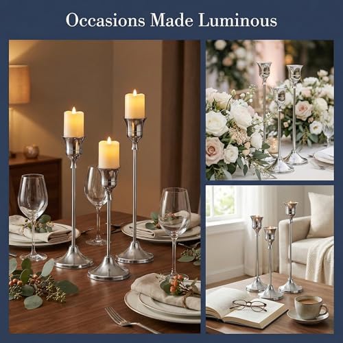 2 Sets(6 Pcs) Silver Tapered Candle Holder,Candlestick Tall Metal Candlestick Holders for Table Centerpiece Home Decor for Wedding Fireplace Mantel Housewarming Gift Fits 3/4 Inch Thick Candles - Image 4
