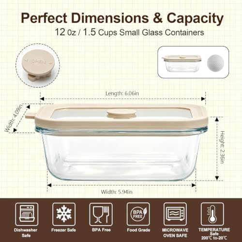 12 oz Small Glass Food Storage Containers with Glass Lids, 6 Pack - Image 2