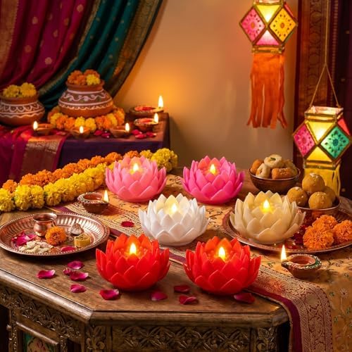 VIHOSE 6 Pcs Diwali Lotus Flower Lights, Battery LED Flameless Lights - Image 5