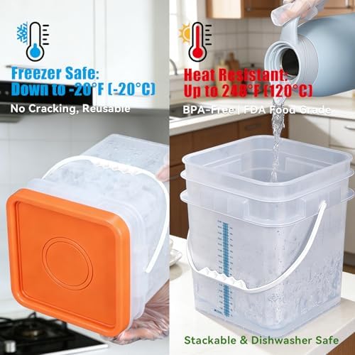5 Pack 5 Gallon Square Plastic Bucket with Lids and Graduation Marks, Food Grade Clear Storage Containers for Kitchen & Industrial, BPA Free Heavy Duty Pail with Handle for Liquid, Paint, Grain - Image 4