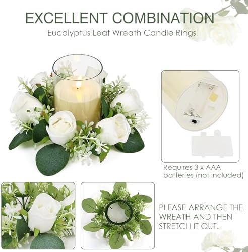 White Rose Candle Rings with Flameless Candles Sets - 12PCS Artificial Flower Eucalyptus Wedding Centerpiece 3 Inch Pillar Candleholders Wreaths for Wedding Party Decor (White - 6 Sets) - Image 3