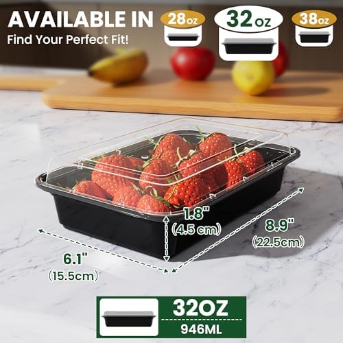 32oz Meal Prep Containers [50-Pack], Reusable Bento Box with Easy-Snap Leakproof Lids - Microwave, Dishwasher & Freezer Safe Food Storage, BPA-Free Plastic Lunch Containers (Black) - Image 3