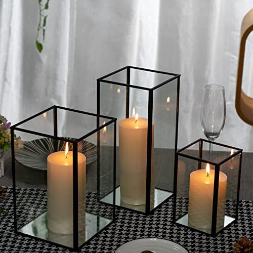 yshengood Large Glass Hurricane Candle Holder Set of 3 PCS, Black Frame and Glass Hurricane Candleholders - Image 6