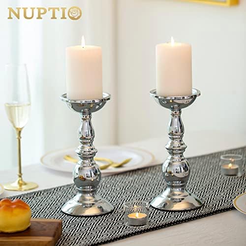 Nuptio Silver Pillar Candle Holders, Wedding Centerpieces Metal Candle Holder for 3 inches Candles Stand Decoration Ideal for Weddings Special Events Parties Living Room, 2 Pcs - Image 3