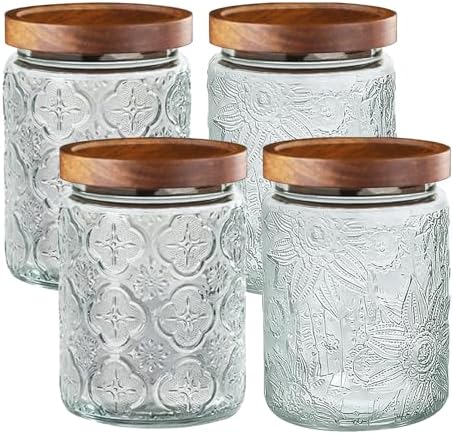 4-Pack 24 OZ Vintage Glass Jar with Lid, Airtight Food Storage Canisters with Bamboo for Kitchen Counter Pantry, Ideal for Coffee, Candy, Tea, Oats, Sugar, Cookies Decorative Jars by Unknown