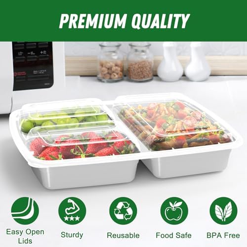 Dealusy 50 Pack 32 oz Meal Prep Containers with Lids 3-Compartment, Silver - Image 3