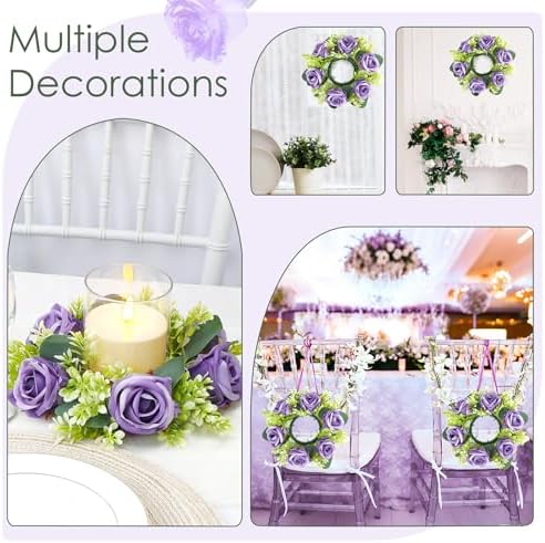 Purple Rose Candle Rings with Flameless Candles Sets - 12PCS Artificial Flower Eucalyptus Wedding Centerpiece 3 Inch Pillar Candleholders Wreaths for Wedding Party Decor (Purple - 6 Sets) - Image 6