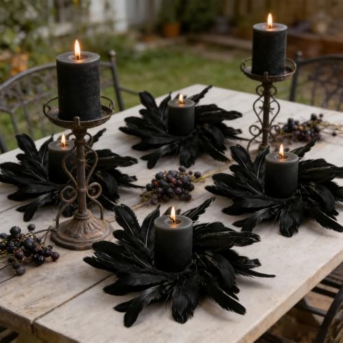 4 Pcs Black Crow Feather Halloween Mini Candle Ring Wreaths Gothic Black Feather Artificial Pillar Candle Holder Wreath for Spooky Dark Home Cabinet Table Porch Decoration - Image 6