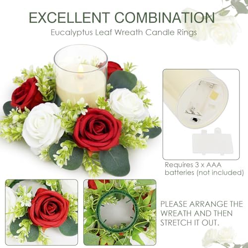 Crimson Rose Candle Rings with Flameless Candles Sets - 12PCS Artificial Flower Eucalyptus Wedding Centerpiece 3 Inch Pillar Candleholders Wreaths for Wedding Party Decor (Crimson - 6 Sets) - Image 3
