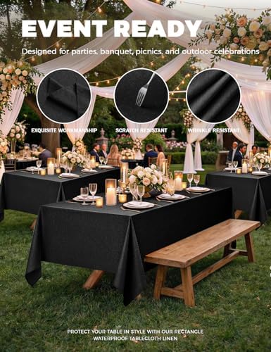 Decorelia Waterproof Black Table Cloths for Rectangle 6 Ft Table-4 Pack, Washable Polyester Rustic Faux Linen Reusable Table Cloth Cover for Wedding,Outdoor,Events, Party,Banquet, Dining, 60x102 Inch - Image 3
