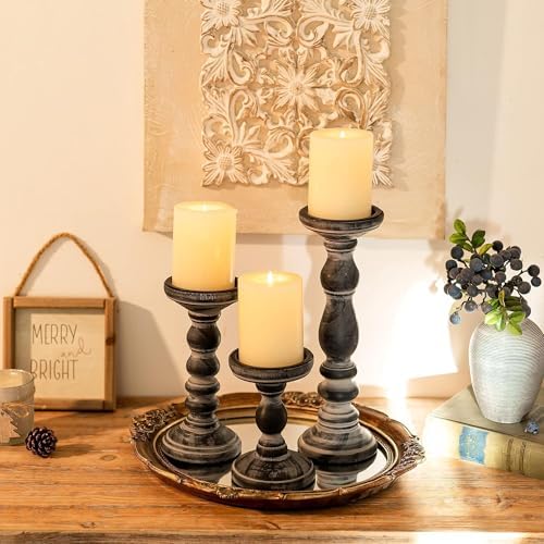 Wood Pillar Candle Holder: Rustic Distressed Black Candle Stand - Image 4