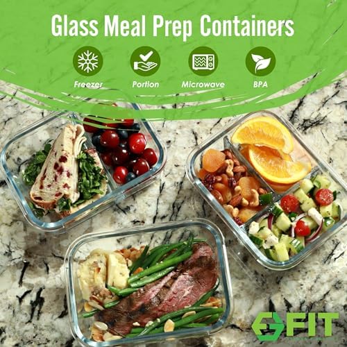 Glass Meal Prep Containers 1 & 2 & 3 Compartments, Airtight, 35 oz, 3 Pack - Image 2