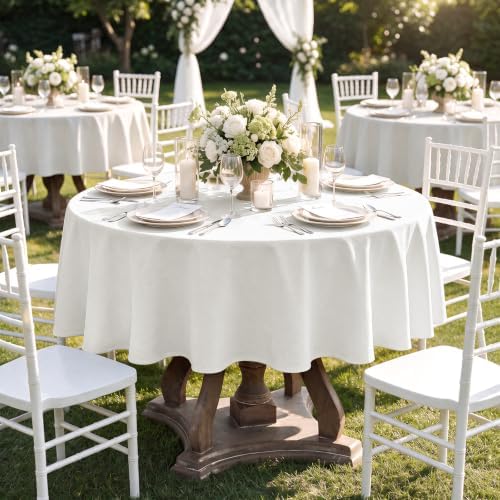 Veblandy Faux Linen Round Tablecloth 60 inch, Table Cloth Wrinkle Free Decorative Fabric Waterproof Table Cover for Dining/Party/Buffet/Wedding, White - Image 7