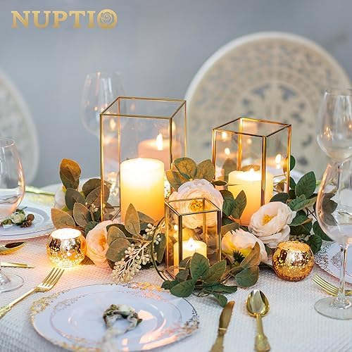 NUPTIO Candle Lantern for Wedding Centerpiece: 18 Pcs Clear Hurricane Glass Pillar Candles Holder with Gold Frame Bulk Decorative Candle Lanterns for Christmas Dining Table Decor 8.1 & 6.5 & 4.7 inch - Image 3