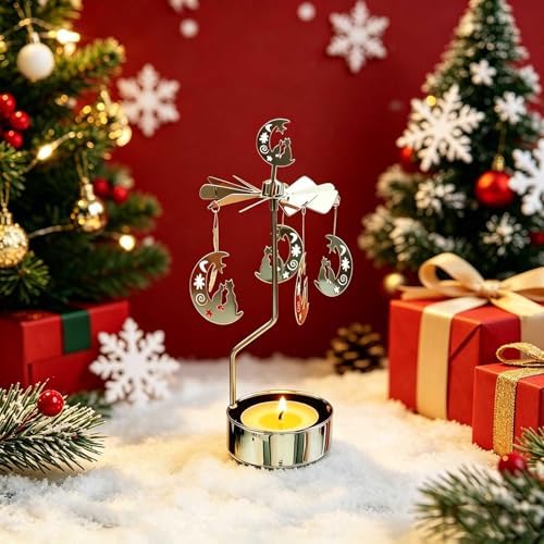 kingnero Rotary Candle Holder Spinning Candleholder Tea Light Candle Powered Carousel Small Gift (Moon & Kitty) - Image 5