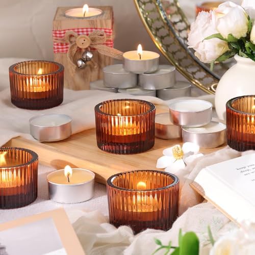 18 Pack Amber Tealight Candle Holders with Candles, Glass Votive Holders - Image 4