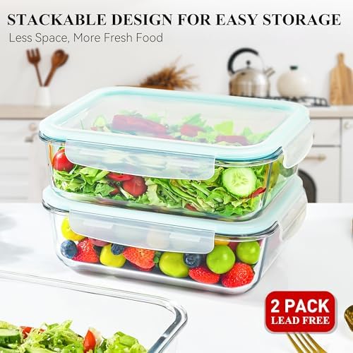 2 Pack 78 Oz / 9.8 Cups Large Glass Food Storage Containers with Lids, Meal Prep Containers for Baking, Serving, Glass Storage Container, BPA Free, Leakproof, Freezer, Microwave/Oven Safe - Image 4