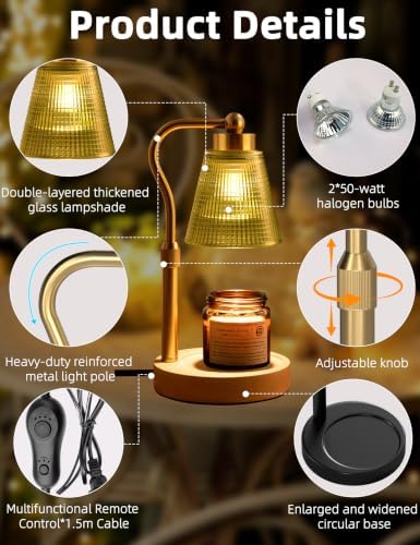 Candle Warmer Lamp for Jar Candles, Height Adjustable & Dimmable with 2/4/8H Timer, 2 * 50W Halogen Wax Melter Warmer for Home Office Décor, Flameless & Smokeless, Gift for Women Mom,Gold-Green - Image 5