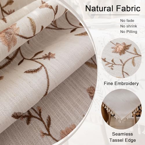 Joyfol Day Linen Waterproof Tablecloth with Tassels, Rustic Farmhouse Flowers Embroidery Table Cloths for Rectangle Tables, Heavy Weight Spill-Proof Table Covers, Coffee Florals, 55''x 86'' - Image 4