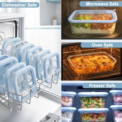 Glass Food Storage Container Set with Silicone Lids, Nestable Meal Prep Glass Bowls with Air Vent, Leakproof Airtight Kitchen Lunch Boxes, Oven, Microwave, Dishwasher Safe, 4 Pack, Square Shape - Image 5