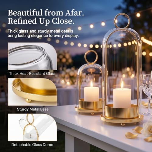 Fohil Hurricane Glass Candle Holders, Set of 2 Metal Candle Holder with Handmade Sturdy Glass Dome, 5" & 4" Wide Candle Lantern for Pillar Candles, Plants, Table Centerpiece, Home Decor - Image 2