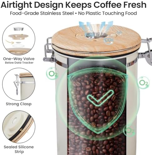 Veken Coffee Canister,39OZ, 2.2lbs,Large Airtight Stainless Steel Container Kitchen Food Storage Jars for Beans,Ground, Espresso, Rice,Tea, Sugar, Cereal, Gifts, Date Tracker, Scoop, Cream (Pack of 2) - Image 4