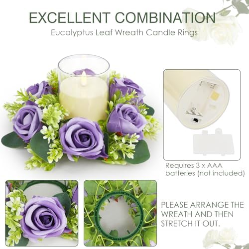 Purple Rose Candle Rings with Flameless Candles Sets - 12PCS Artificial Flower Eucalyptus Wedding Centerpiece 3 Inch Pillar Candleholders Wreaths for Wedding Party Decor (Purple - 6 Sets) - Image 3