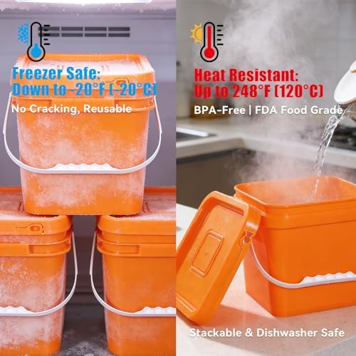Food Storage Buckets with Lids - 4 Set Square Clear Plastic Containers, Airtight Pressure Seal & Handle for Kitchen Freezer Prep (Orange, 1.3 gal) - Image 6