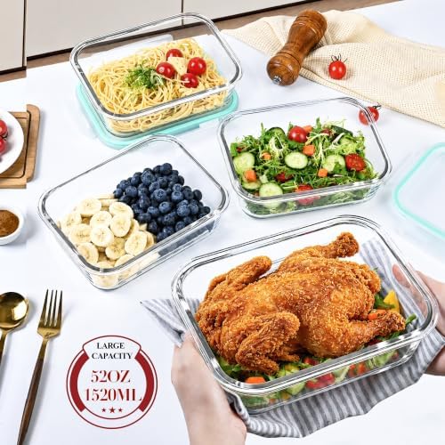 GEHE 4 Pack 52oz Glass Food Storage Containers with Lids, Large Glass Storage Containers with Airtight Lids, Meal Prep Container for Storing & Serving, Leak Proof, BPA Free, Microwave/Oven Safe - Image 2