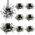 6 Pcs Grey Eucalyptus Halloween Mini Candle Ring Wreaths White Black Mini Pumpkin with Berry Accents Artificial Pillar Candle Holder Wreath for Gothic Rustic Home Cabinet Table Porch Decoration by EYNDYN