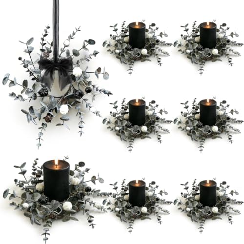 6 Pcs Grey Eucalyptus Halloween Mini Candle Ring Wreaths White Black Mini Pumpkin with Berry Accents Artificial Pillar Candle Holder Wreath for Gothic Rustic Home Cabinet Table Porch Decoration by EYNDYN
