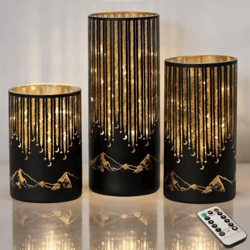 Starry Night Elegant Hurricane Candleholders with LED Flickering Lights & Remote Timer, Decorative Glass Hurricanes for Indoor Table Centerpieces & Year-Round Home Decor, Set of 3 (Black) by Ashroder