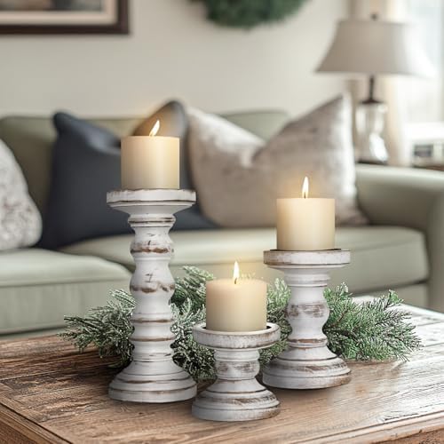 Candle Holder for Pillar Candle Set of 3, Farmhouse Wood Candle Holder, Rustic Wooden Candle Stand, Vintage Tall Candle Stand Decorative for Living Room, Table Centerpiece,White - Image 6