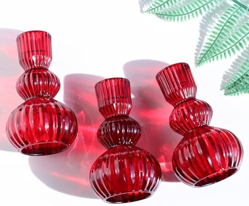 Woho 3pcs Red Taper Candle Holders Glass, Candlestick Holders for Christmas - Image 2