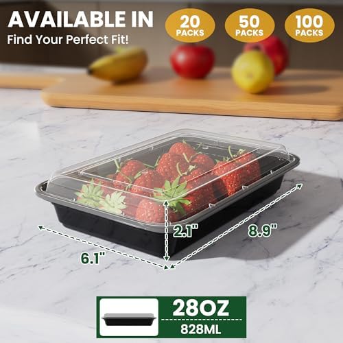 100 Pack 28oz Meal Prep Containers Reusable with Easy Open Lids, Sturdy Leakproof Food Safe, To Go Take Out Plastic Food Storage Containers with Lids, Microwave Freezer Dishwasher Safe, Black - Image 3