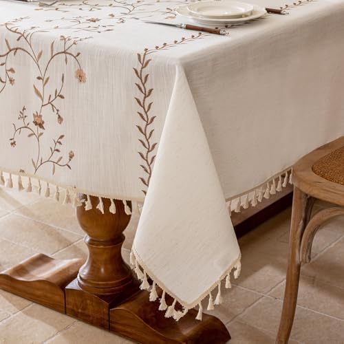 Joyfol Day Linen Waterproof Tablecloth with Tassels, Rustic Farmhouse Flowers Embroidery Table Cloths for Rectangle Tables, Heavy Weight Spill-Proof Table Covers, Coffee Florals, 55''x 86'' - Image 7