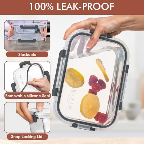 Razab 2 Pcs 1860ml / 63 Oz Large Glass Food Storage Containers with Lids - Glass Meal Prep Containers with Locking Lids for Roasting, Storing Leftover, Lunch Container, BPA Free, Microwave & Oven Safe - Image 3