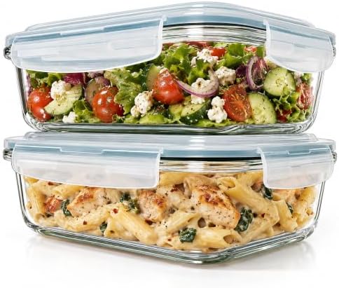Razab 6.5 Cups / 52 Oz 4 Piece (2 Containers + 2 Lids) Glass Food Storage Containers Set with Airtight Locking Lids - For Storing, Baking & Serving BPA Free, Leakproof - Microwave, Freezer & Oven Safe by RazabHomeGoods