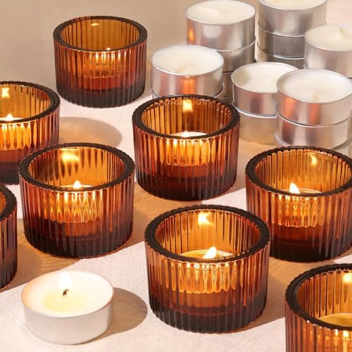 18 Pack Amber Tealight Candle Holders with Candles, Glass Votive Holders by LOVELIGHTLOVELIFE