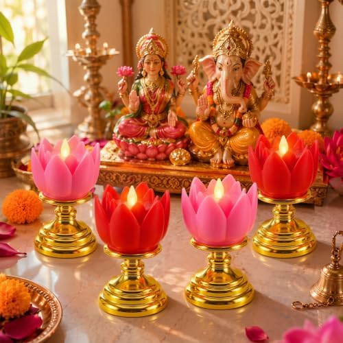 VIHOSE 4 Pcs Diwali Lotus Flower LED Lights, Lotus Candle Holders - Image 4