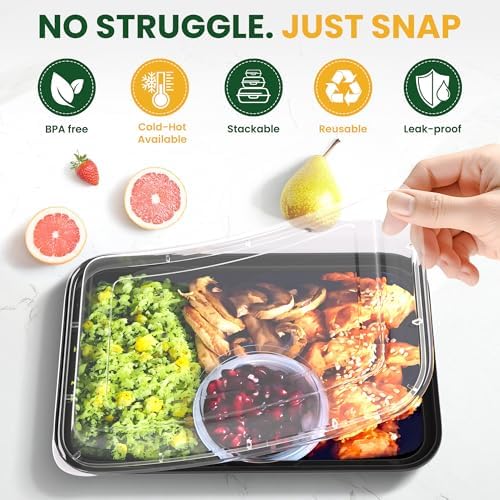 32oz Meal Prep Containers [50-Pack], Reusable Bento Box with Easy-Snap Leakproof Lids - Microwave, Dishwasher & Freezer Safe Food Storage, BPA-Free Plastic Lunch Containers (Black) - Image 5