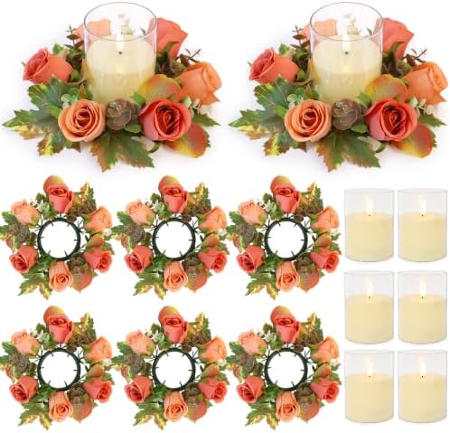 Terracotta Rose Candle Rings with Flameless Candles Sets - 12PCS Artificial Flower Eucalyptus Fall Candle Wreath 3 Inch Fall Candle Rings Wreaths for Autumn Candle Rings (Terracotta - 6 Sets) by ACMEE