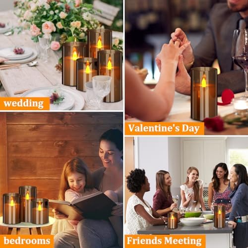 wemarry Flameless Candles 4" 5" 6" Acrylic Glass Pillars 3" Diameter Battery Operated Flickering Candles Include 8-Key Remote with Timer Function 400+ Hours (Gray, Warm Light 12 Pack) - Image 4