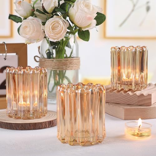 12PCS Glass Gold Votive Candle Holder, Ribbed Tea Light Candle Holders - Image 4